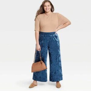 A New Day Mid-Rise Wide Leg Ankle Velvet Pull-On Pants Navy Blue Size Large